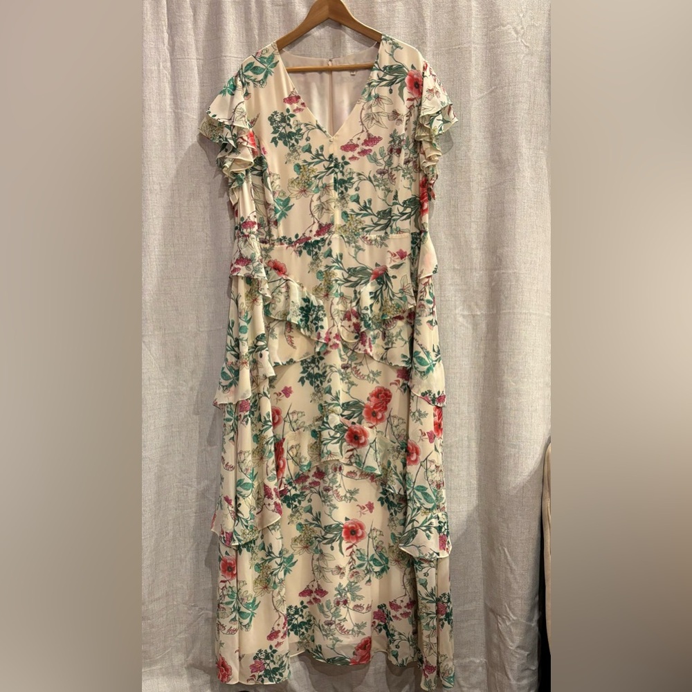 RACHEL ROY yellow cream flutter sleeve floral dress red green garden ruffles 20W